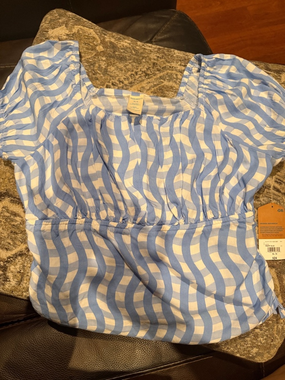 Blue and White Wavy Stripe Peasant Blouse